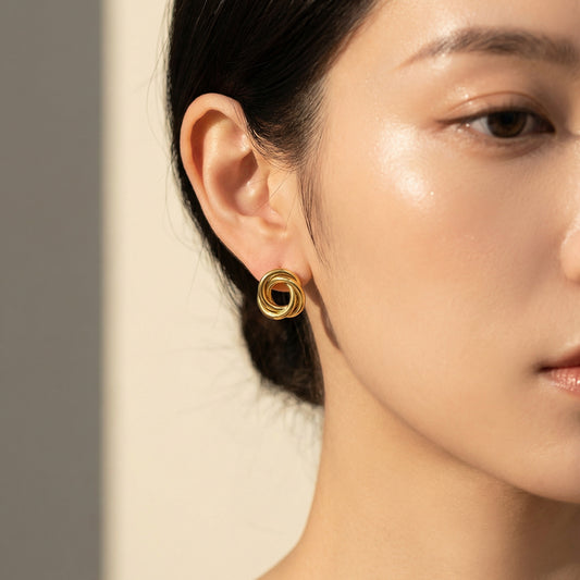 Three Ring Stud Earrings Stainless Steel Gold Plated