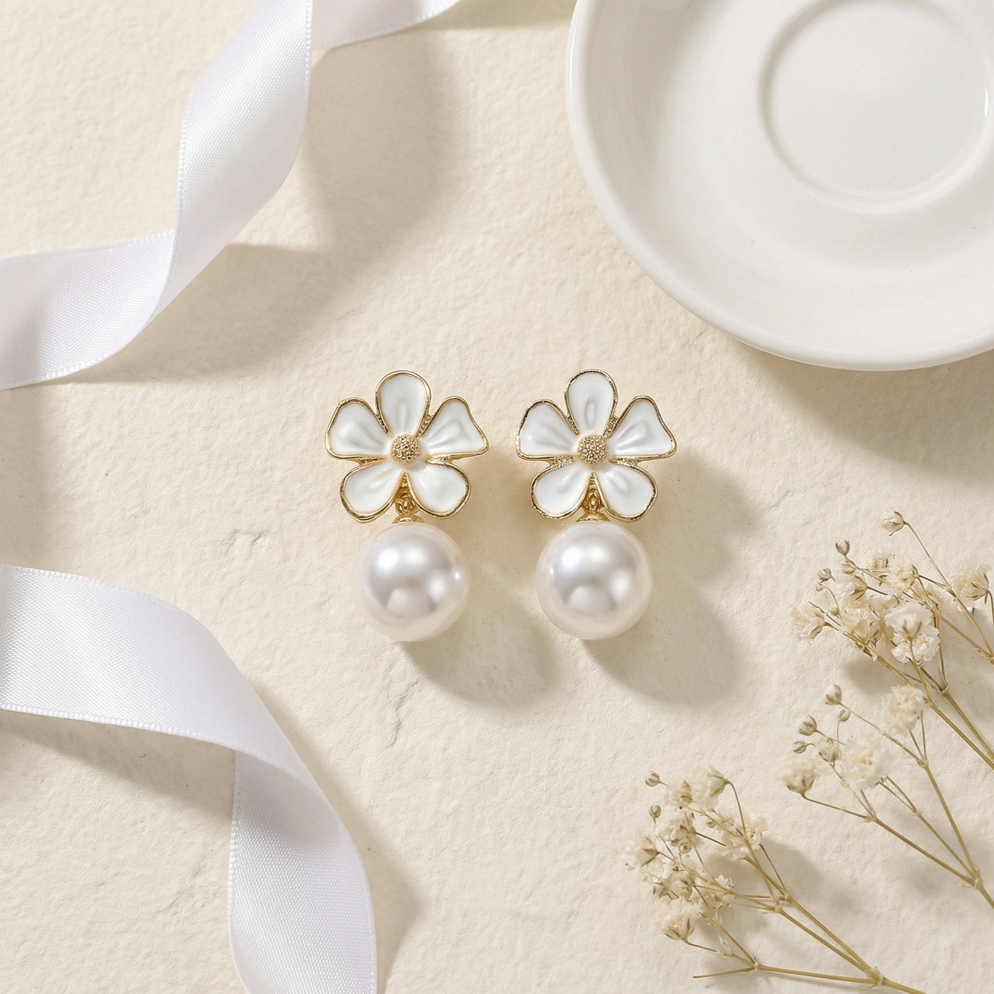 White Blossom Pearl Drop Earrings
