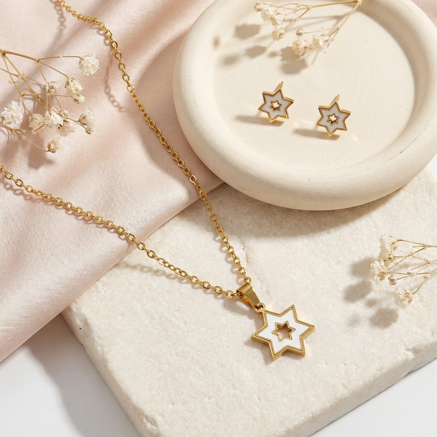 Star Imitation Shell Earrings Necklace Set 304 Stainless Steel Gold Plated